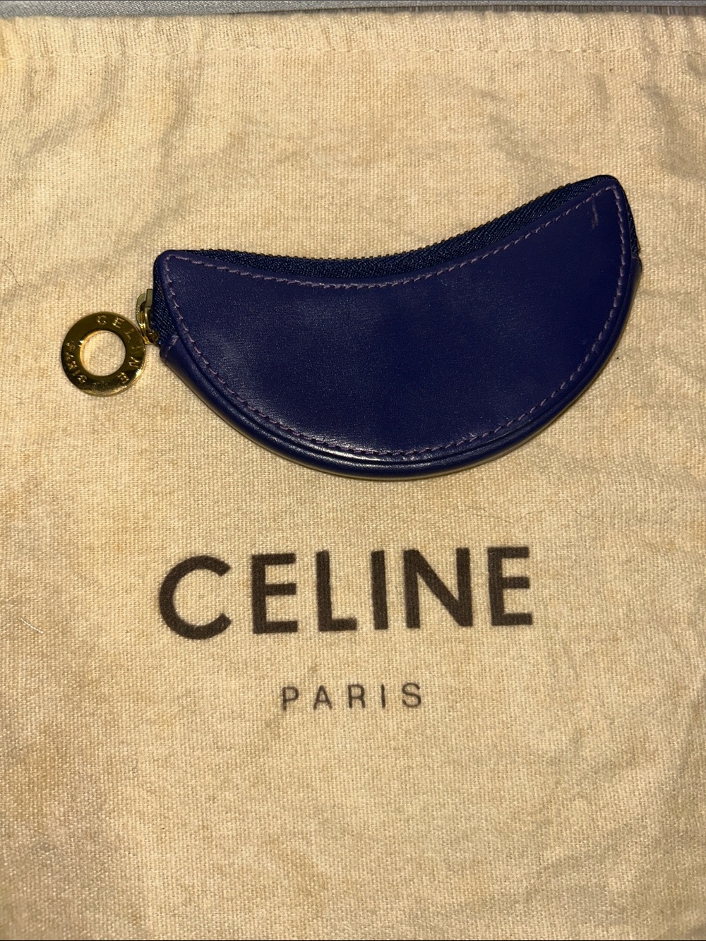 Authentic Vintage Celine Purple Crescent Leather Coin Pouch with Gold Ring